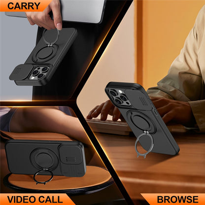 For iPhone 15 Pro Max Magnetic Case Ring Kickstand Slide Camera Cover TPU PC Hybrid Phone Shell