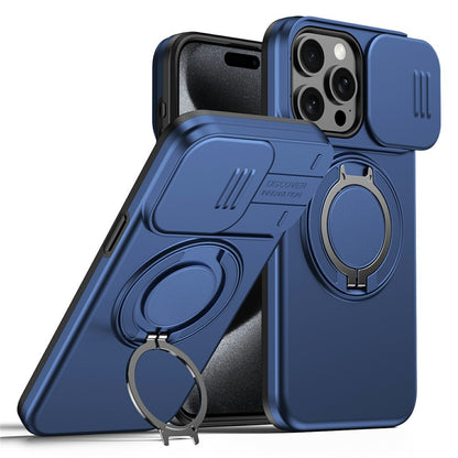 For iPhone 15 Pro Max Magnetic Case Ring Kickstand Slide Camera Cover TPU PC Hybrid Phone Shell