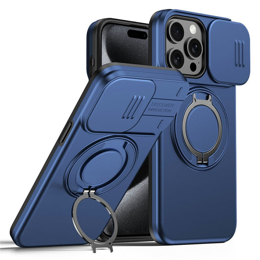 For iPhone 15 Pro Max Magnetic Case Ring Kickstand Slide Camera Cover TPU PC Hybrid Phone Shell