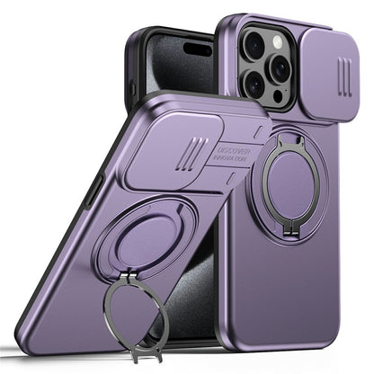 For iPhone 15 Pro Max Magnetic Case Ring Kickstand Slide Camera Cover TPU PC Hybrid Phone Shell
