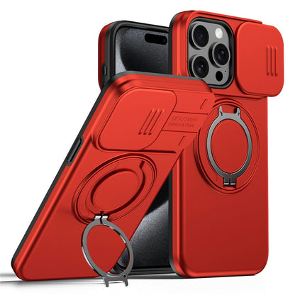For iPhone 15 Pro Max Magnetic Case Ring Kickstand Slide Camera Cover TPU PC Hybrid Phone Shell