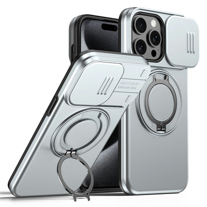 For iPhone 15 Pro Max Magnetic Case Ring Kickstand Slide Camera Cover TPU PC Hybrid Phone Shell