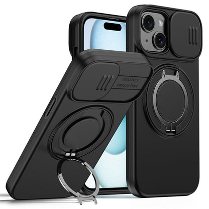Magnetic Case For iPhone 15 Plus  /  14 Plus Ring Kickstand Slide Camera Cover TPU PC Hybrid Phone Shell