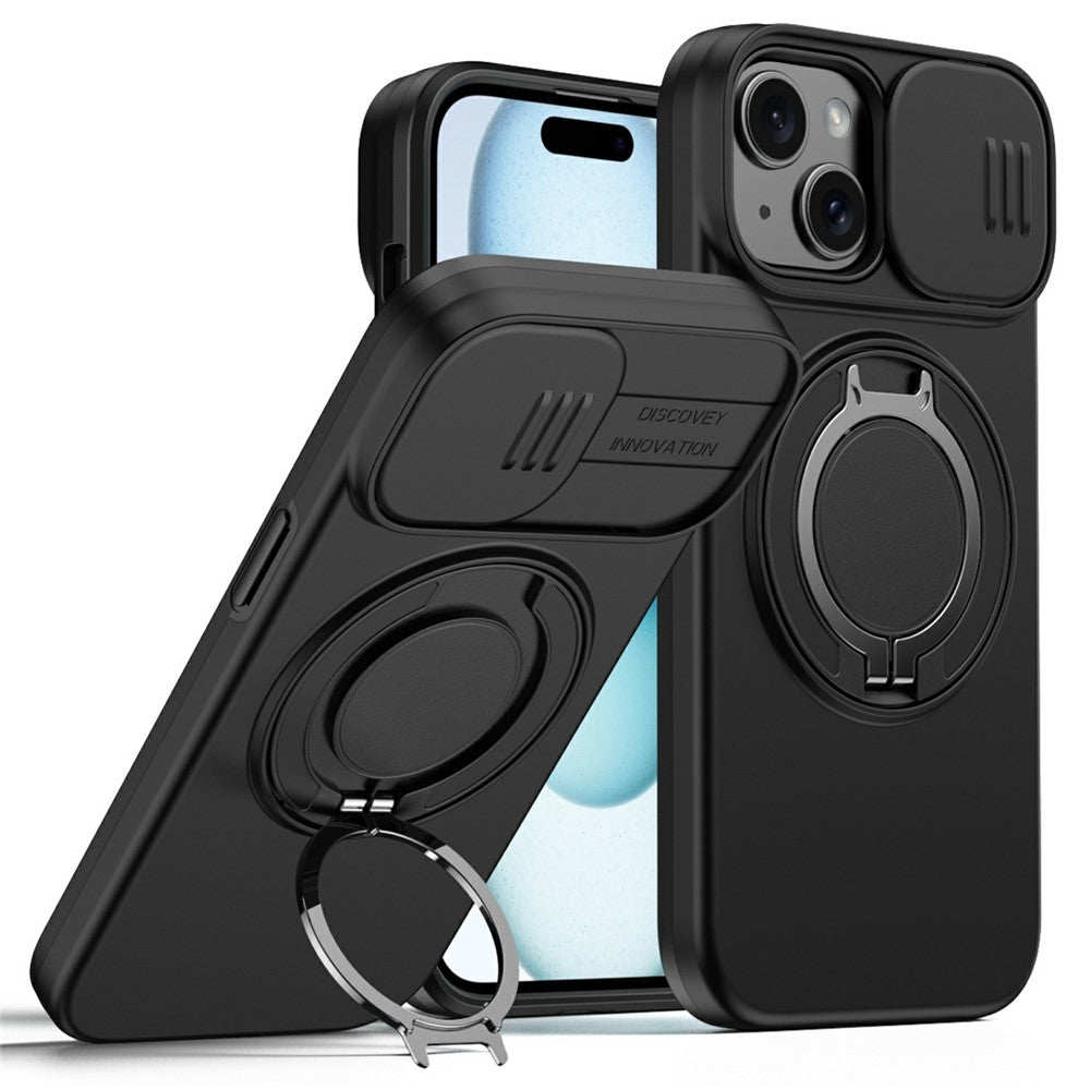 Magnetic Case For iPhone 15 Plus  /  14 Plus Ring Kickstand Slide Camera Cover TPU PC Hybrid Phone Shell