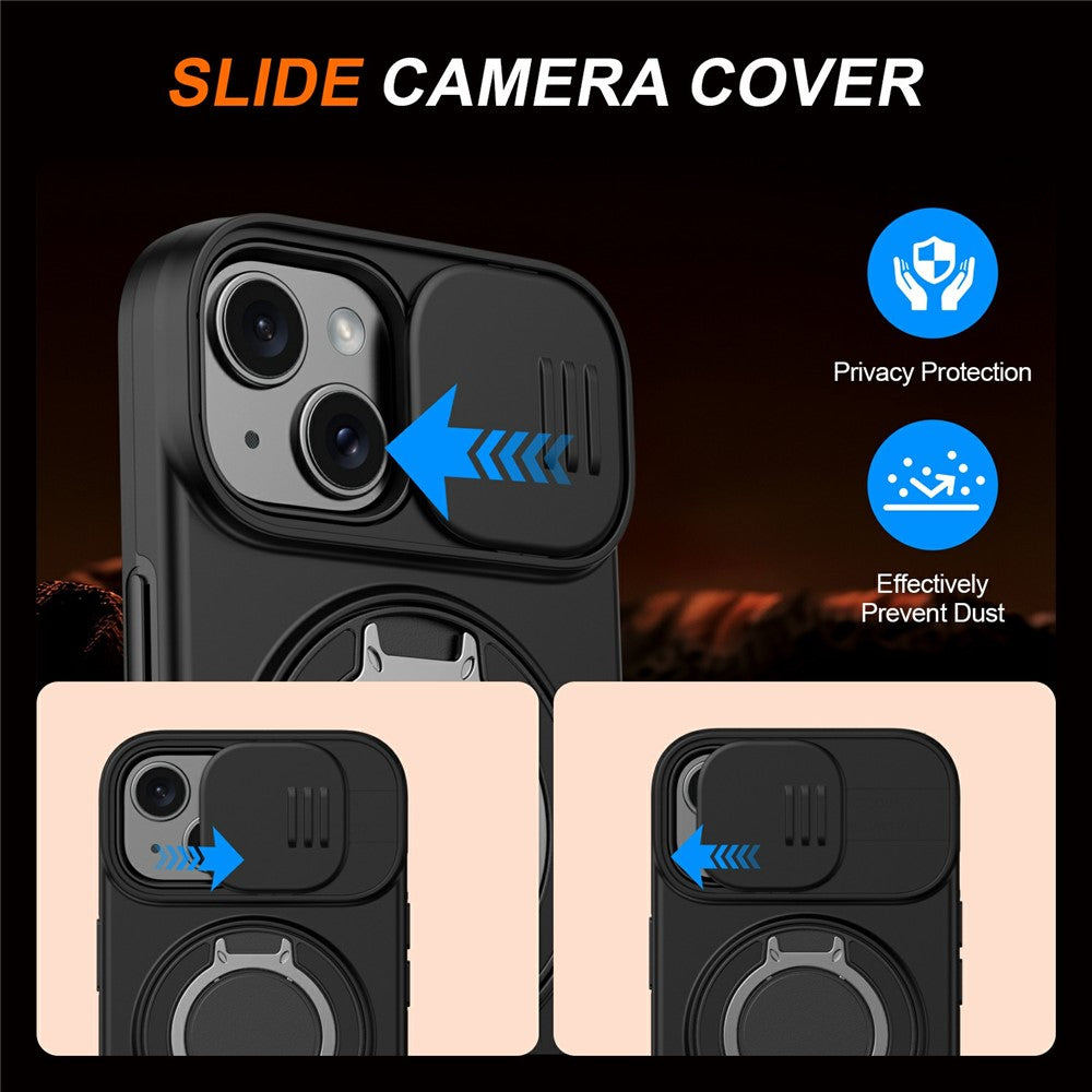 Magnetic Case For iPhone 15 Plus  /  14 Plus Ring Kickstand Slide Camera Cover TPU PC Hybrid Phone Shell