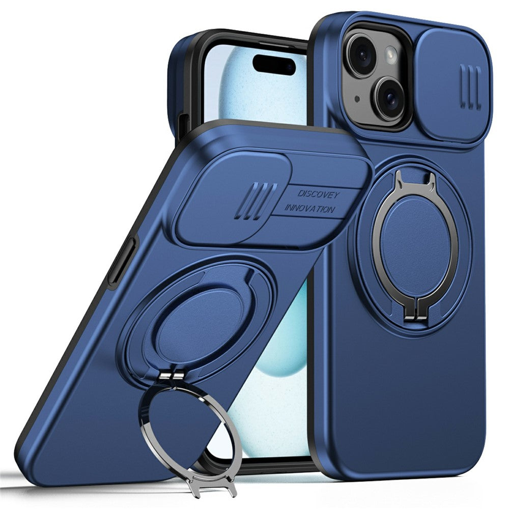 Magnetic Case For iPhone 15 Plus  /  14 Plus Ring Kickstand Slide Camera Cover TPU PC Hybrid Phone Shell