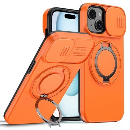 Magnetic Case For iPhone 15 Plus  /  14 Plus Ring Kickstand Slide Camera Cover TPU PC Hybrid Phone Shell