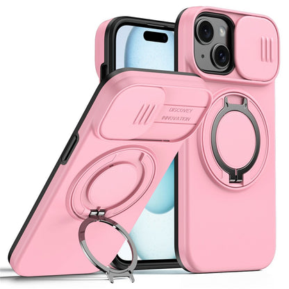 Magnetic Case For iPhone 15 Plus  /  14 Plus Ring Kickstand Slide Camera Cover TPU PC Hybrid Phone Shell