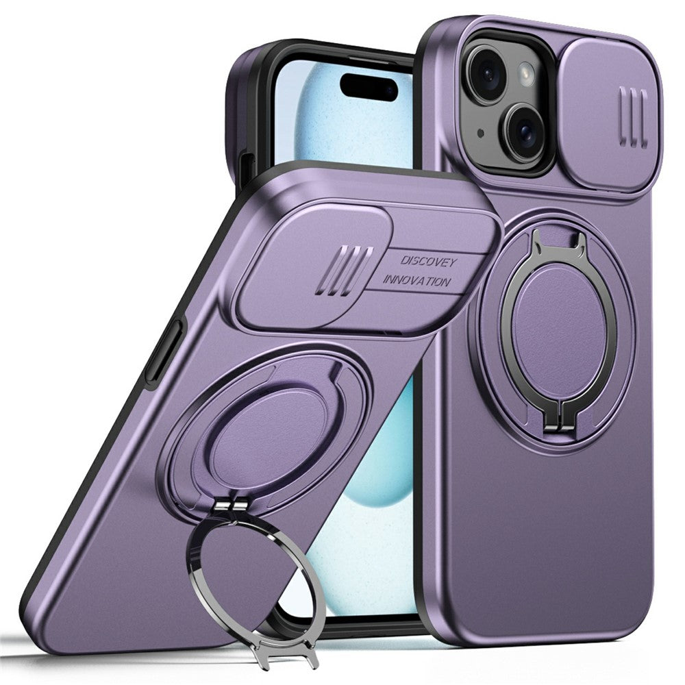 Magnetic Case For iPhone 15 Plus  /  14 Plus Ring Kickstand Slide Camera Cover TPU PC Hybrid Phone Shell