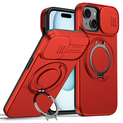 Magnetic Case For iPhone 15 Plus  /  14 Plus Ring Kickstand Slide Camera Cover TPU PC Hybrid Phone Shell