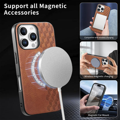 For iPhone 16 Pro / iPhone 16 Pro Max Magnetic Phone Case with Grid Pattern Protective PU Leather + PC Cover