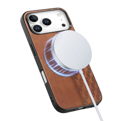 For iPhone 17 Pro Magnetic Phone Case with Grid Pattern Protective PU Leather + PC Cover