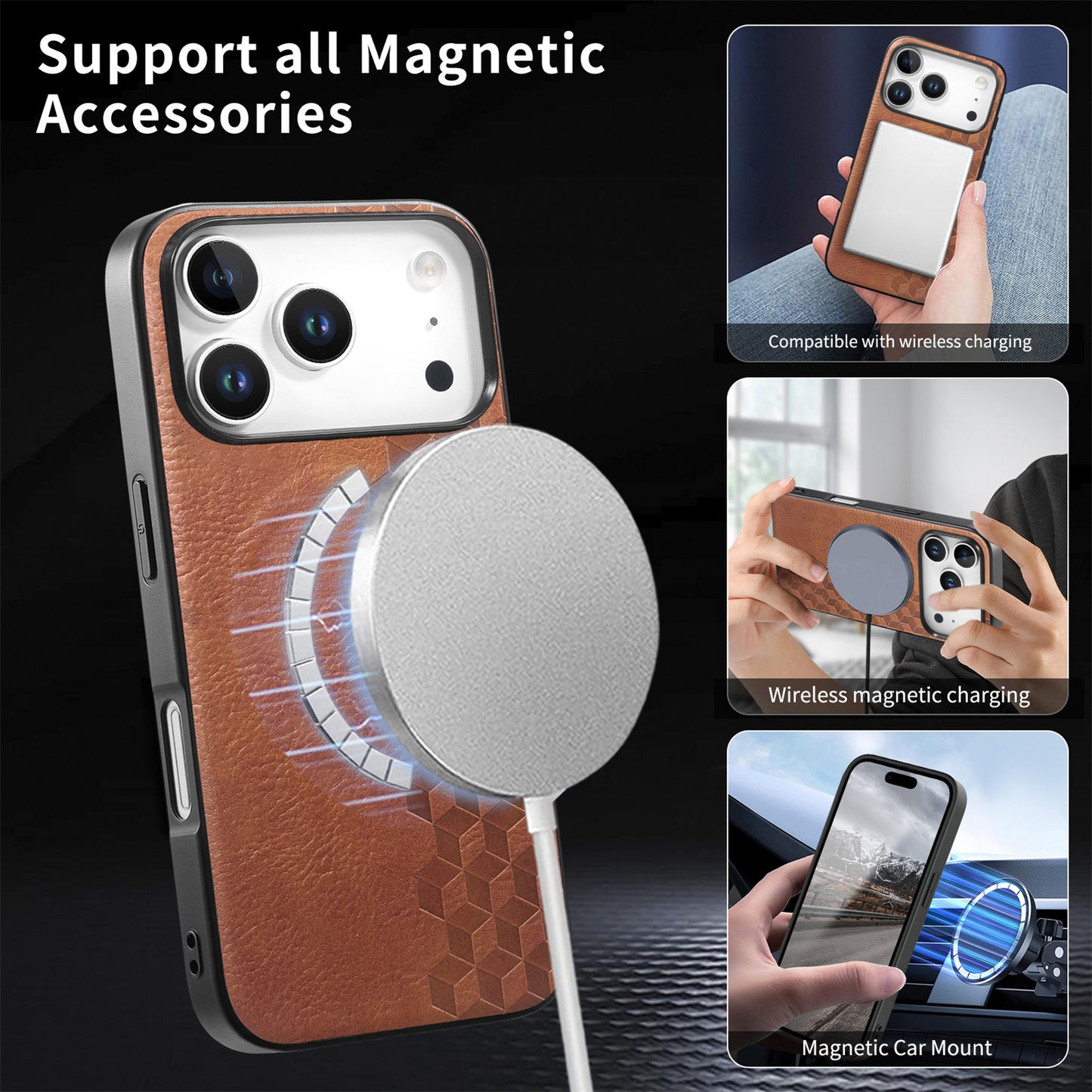 For iPhone 17 Pro Magnetic Phone Case with Grid Pattern Protective PU Leather + PC Cover