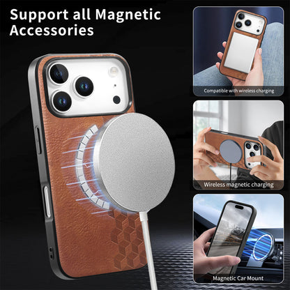 For iPhone 17 Pro Magnetic Phone Case with Grid Pattern Protective PU Leather + PC Cover