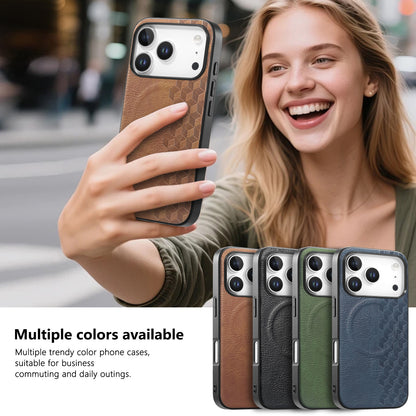 For iPhone 17 Pro Magnetic Phone Case with Grid Pattern Protective PU Leather + PC Cover