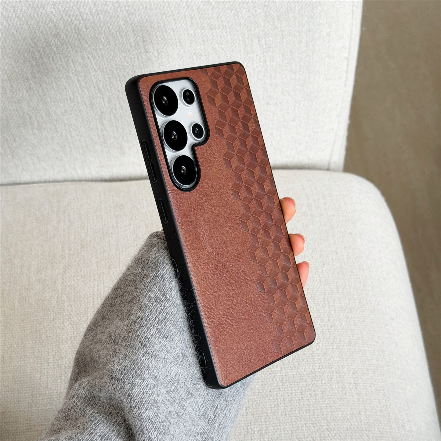 For Samsung Galaxy S26 Ultra Magnetic Phone Case with Grid Pattern Protective PU Leather + PC Cover