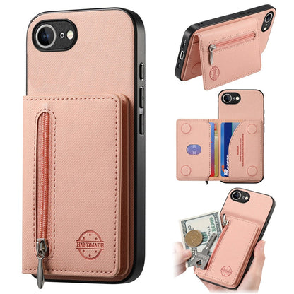Phone Case For iPhone 17e  /  16e Zipper Card Holder Kickstand Jeans Cloth Texture Leather Back Cover