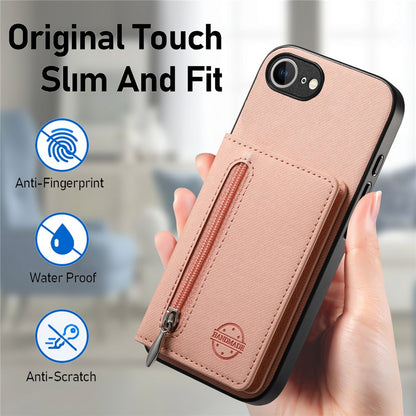 Phone Case For iPhone 17e  /  16e Zipper Card Holder Kickstand Jeans Cloth Texture Leather Back Cover