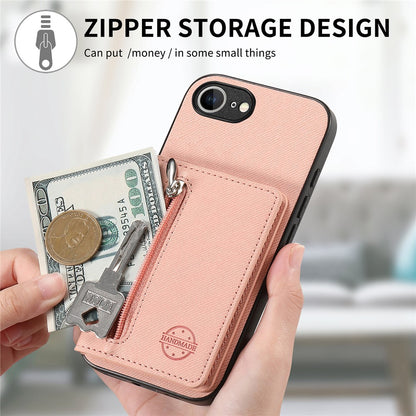 Phone Case For iPhone 17e  /  16e Zipper Card Holder Kickstand Jeans Cloth Texture Leather Back Cover