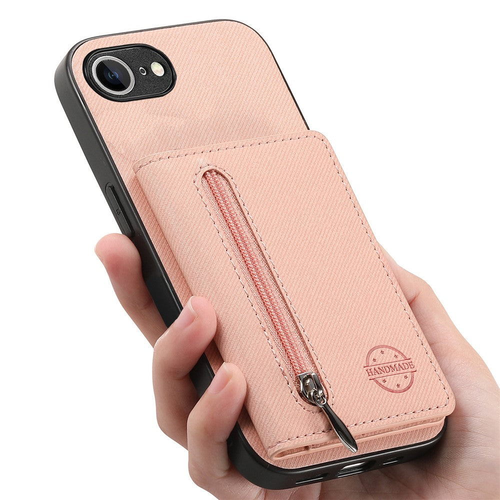 Phone Case For iPhone 17e  /  16e Zipper Card Holder Kickstand Jeans Cloth Texture Leather Back Cover