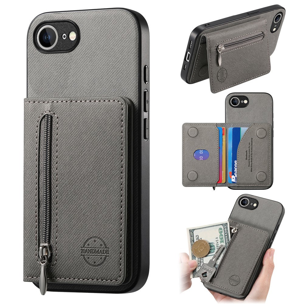 Phone Case For iPhone 17e  /  16e Zipper Card Holder Kickstand Jeans Cloth Texture Leather Back Cover