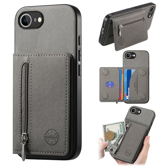 Phone Case For iPhone 17e  /  16e Zipper Card Holder Kickstand Jeans Cloth Texture Leather Back Cover