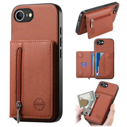 Phone Case For iPhone 17e  /  16e Zipper Card Holder Kickstand Jeans Cloth Texture Leather Back Cover
