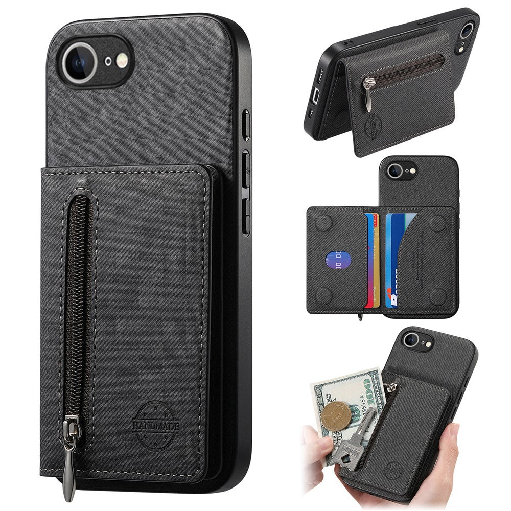 Phone Case For iPhone 17e  /  16e Zipper Card Holder Kickstand Jeans Cloth Texture Leather Back Cover