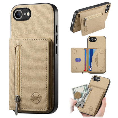 Phone Case For iPhone 17e  /  16e Zipper Card Holder Kickstand Jeans Cloth Texture Leather Back Cover