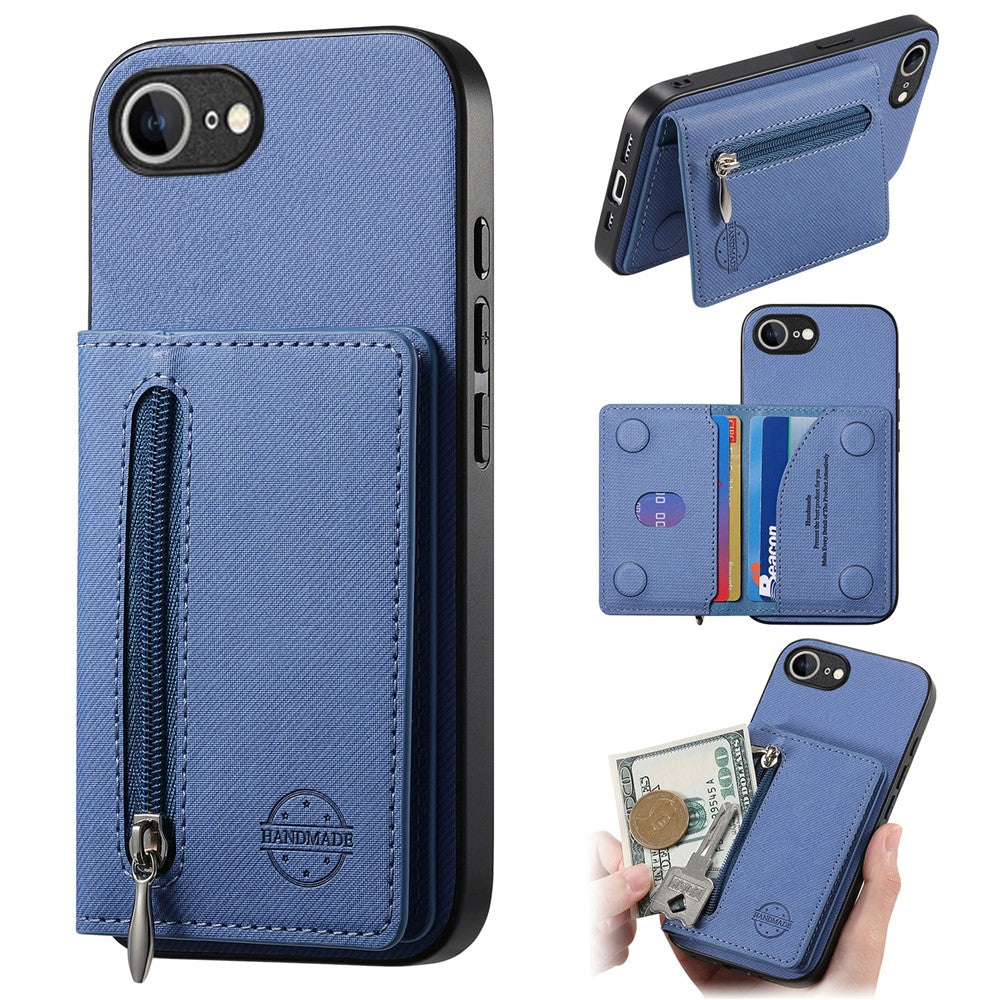 Phone Case For iPhone 17e  /  16e Zipper Card Holder Kickstand Jeans Cloth Texture Leather Back Cover