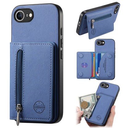 Phone Case For iPhone 17e  /  16e Zipper Card Holder Kickstand Jeans Cloth Texture Leather Back Cover