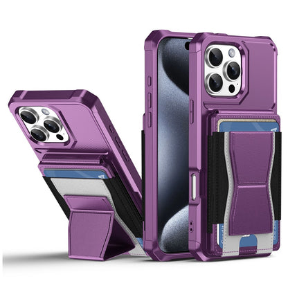 For iPhone 16 Pro Max Case Elastic Band Card Holder Leather + TPU Kickstand Phone Cover