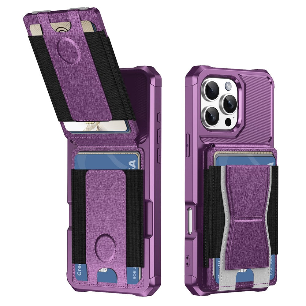 For iPhone 16 Pro Max Case Elastic Band Card Holder Leather + TPU Kickstand Phone Cover