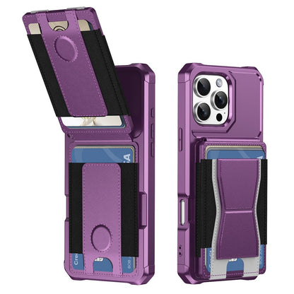 For iPhone 16 Pro Max Case Elastic Band Card Holder Leather + TPU Kickstand Phone Cover