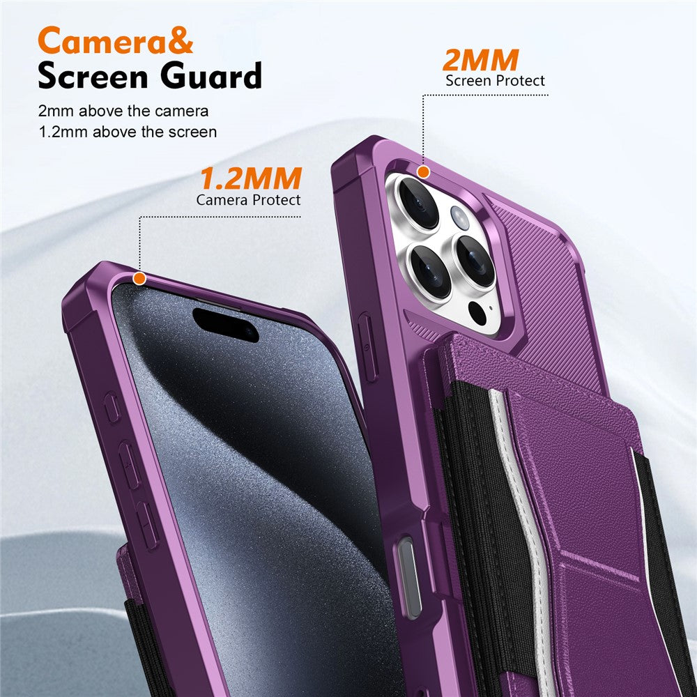 For iPhone 16 Pro Max Case Elastic Band Card Holder Leather + TPU Kickstand Phone Cover