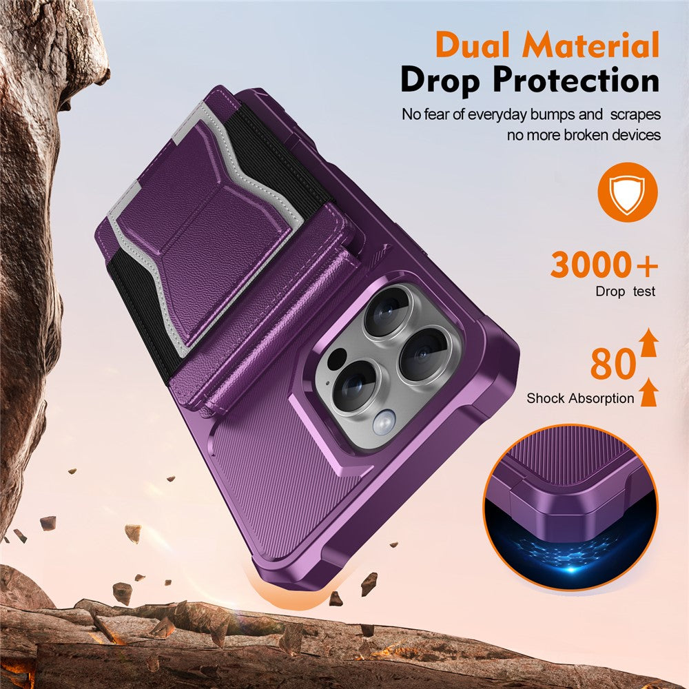 For iPhone 16 Pro Max Case Elastic Band Card Holder Leather + TPU Kickstand Phone Cover