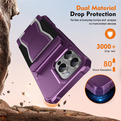 For iPhone 16 Pro Max Case Elastic Band Card Holder Leather + TPU Kickstand Phone Cover