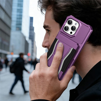 For iPhone 16 Pro Max Case Elastic Band Card Holder Leather + TPU Kickstand Phone Cover