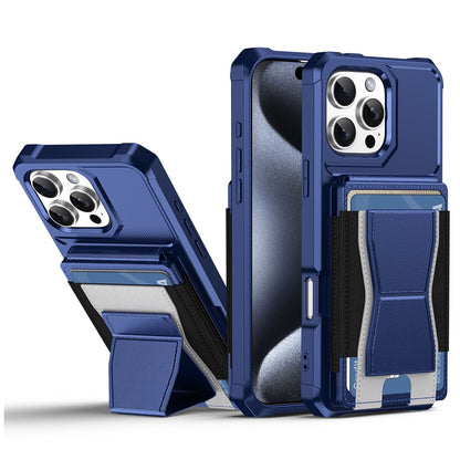 For iPhone 16 Pro Max Case Elastic Band Card Holder Leather + TPU Kickstand Phone Cover