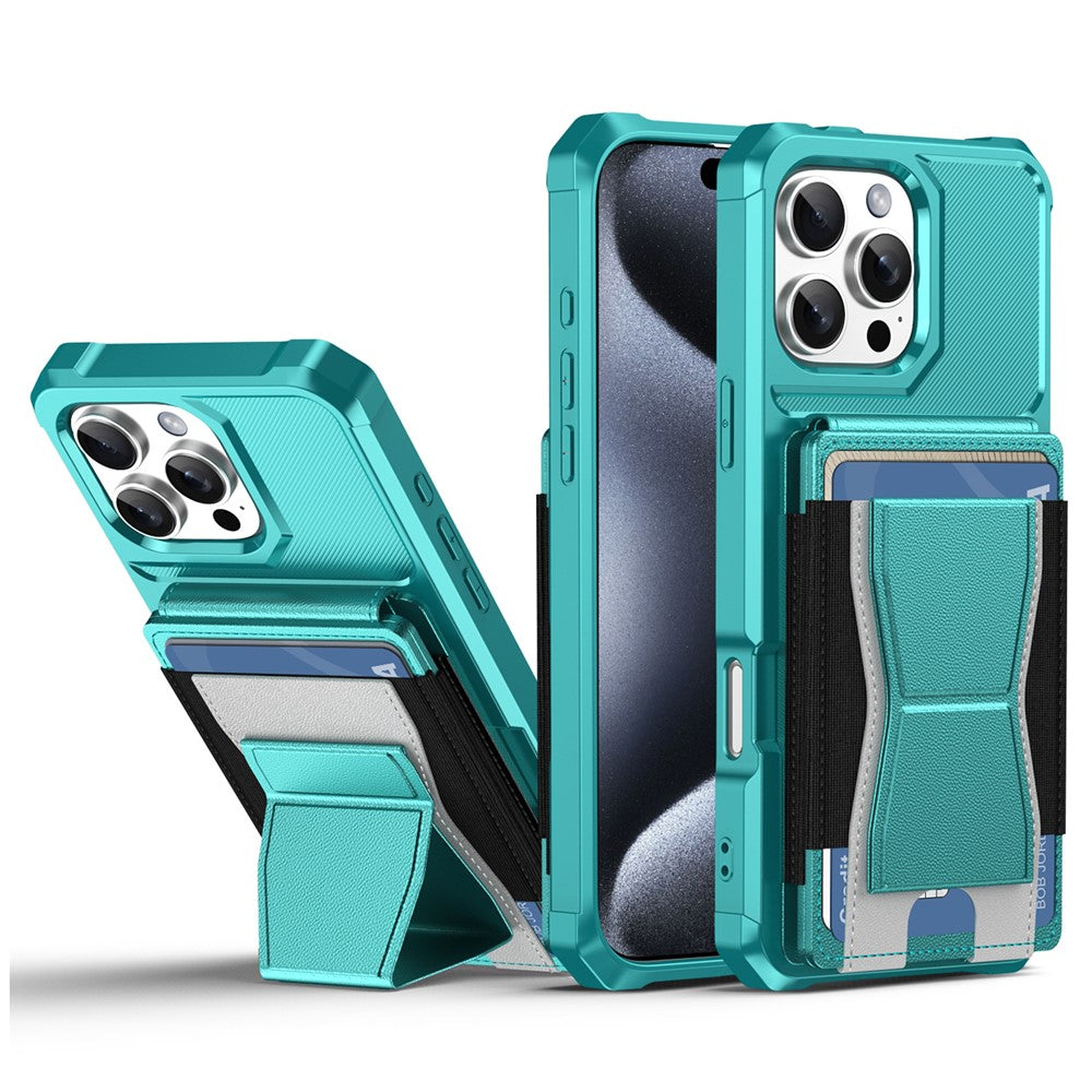 For iPhone 16 Pro Max Case Elastic Band Card Holder Leather + TPU Kickstand Phone Cover