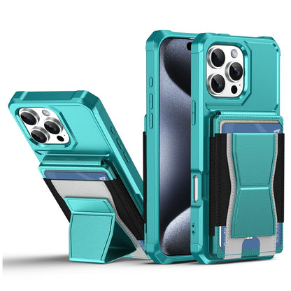 For iPhone 16 Pro Max Case Elastic Band Card Holder Leather + TPU Kickstand Phone Cover