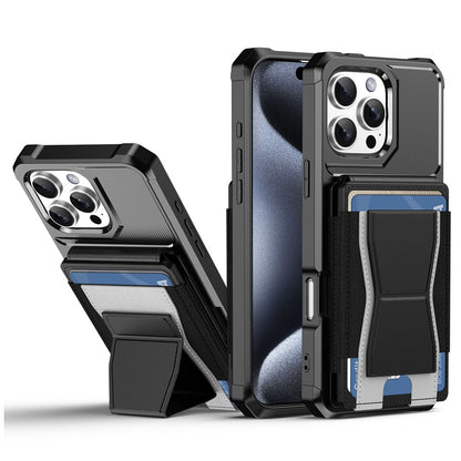 For iPhone 16 Pro Max Case Elastic Band Card Holder Leather + TPU Kickstand Phone Cover