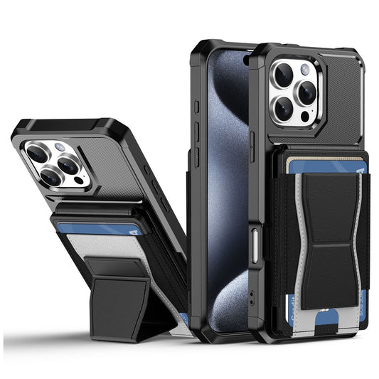 For iPhone 16 Pro Max Case Elastic Band Card Holder Leather + TPU Kickstand Phone Cover