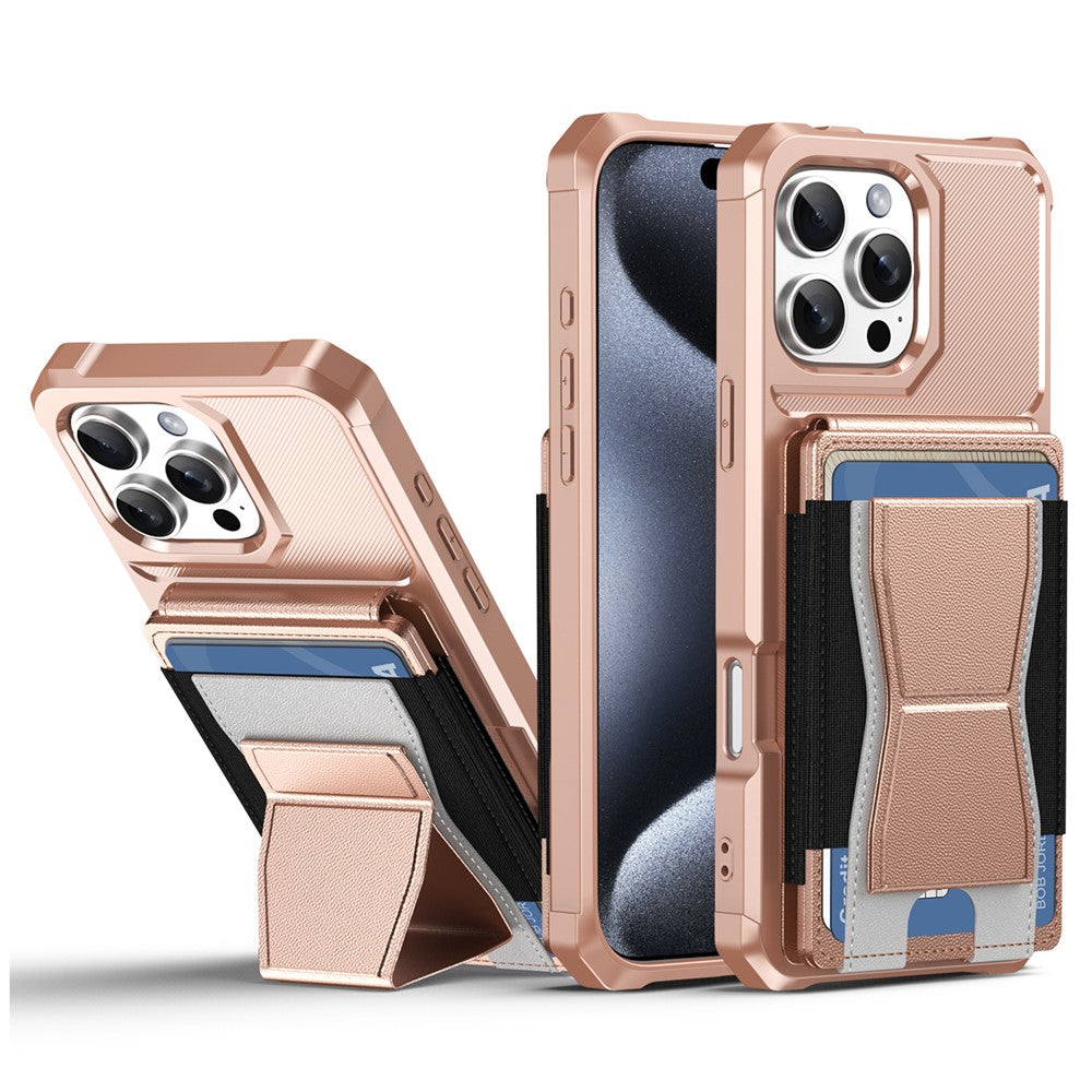 For iPhone 16 Pro Max Case Elastic Band Card Holder Leather + TPU Kickstand Phone Cover