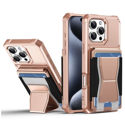 For iPhone 16 Pro Max Case Elastic Band Card Holder Leather + TPU Kickstand Phone Cover