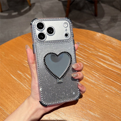 For iPhone 17 Pro Max Case with Heart Shape Kickstand 2 in 1 Rhinestone Glitter PC TPU Shockproof Cover