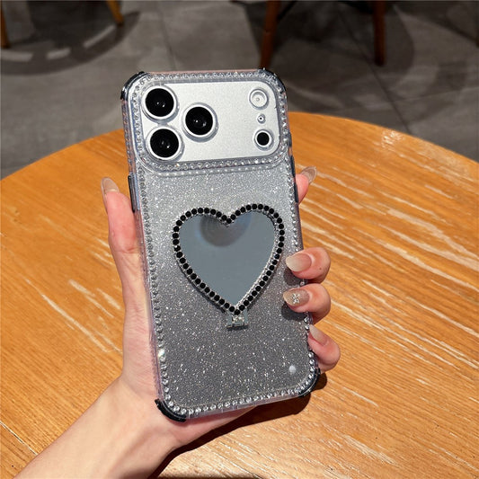 For iPhone 17 Pro Max Case with Heart Shape Kickstand 2 in 1 Rhinestone Glitter PC TPU Shockproof Cover