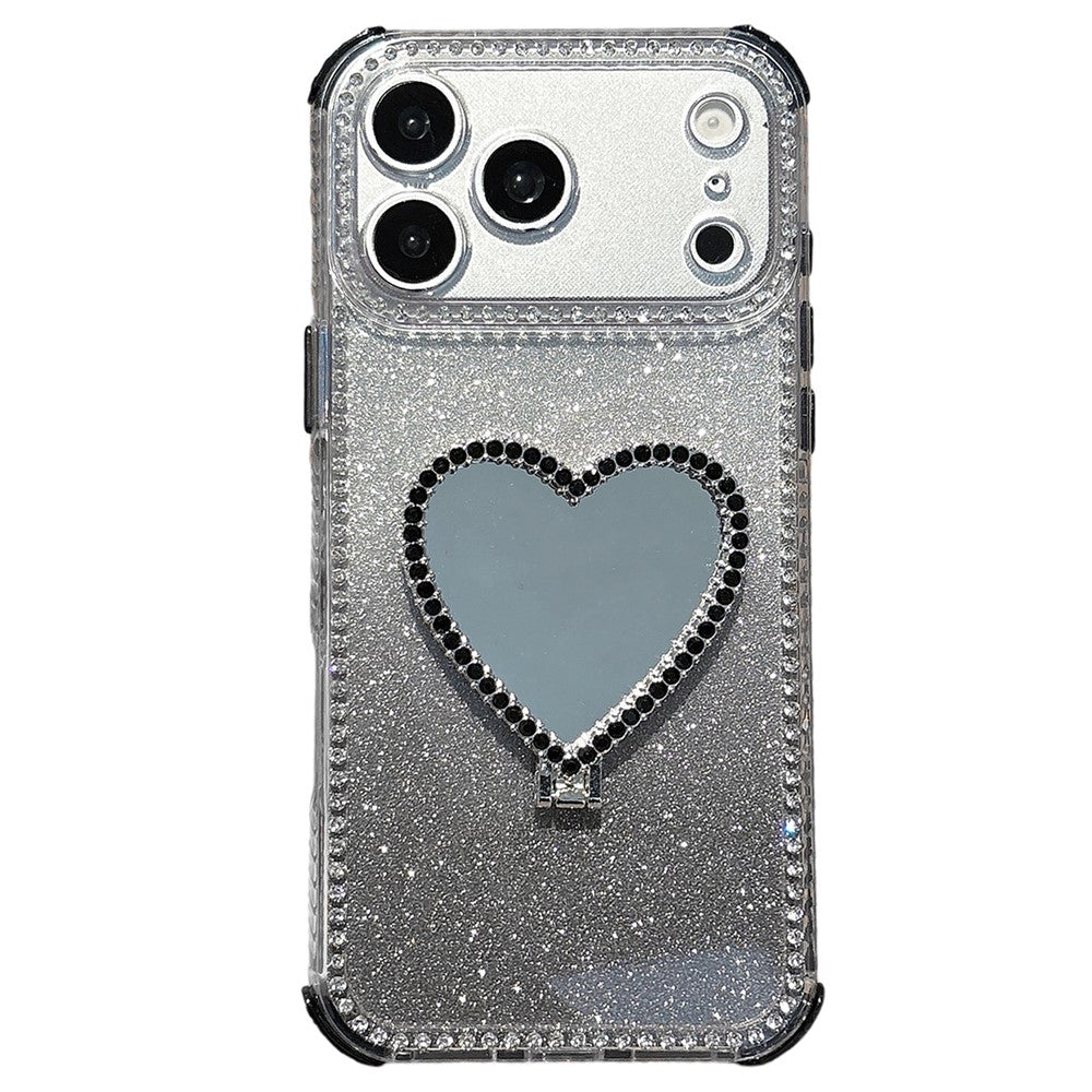 For iPhone 17 Pro Max Case with Heart Shape Kickstand 2 in 1 Rhinestone Glitter PC TPU Shockproof Cover