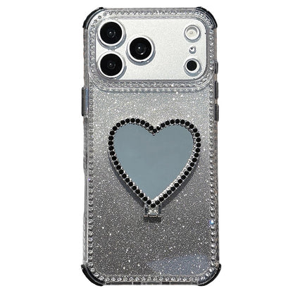 For iPhone 17 Pro Max Case with Heart Shape Kickstand 2 in 1 Rhinestone Glitter PC TPU Shockproof Cover