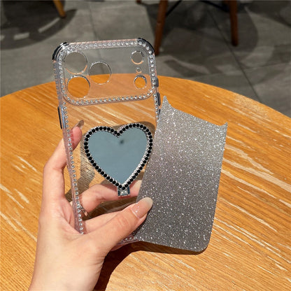 For iPhone 17 Pro Max Case with Heart Shape Kickstand 2 in 1 Rhinestone Glitter PC TPU Shockproof Cover